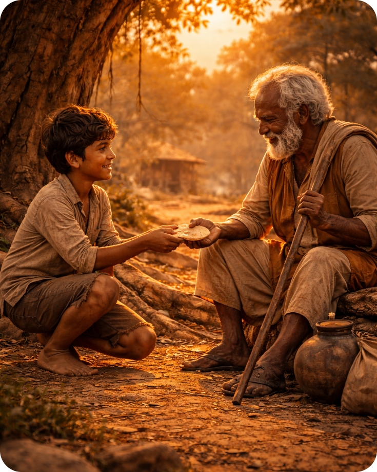 बुढा से रोटी लेते हुए लङका