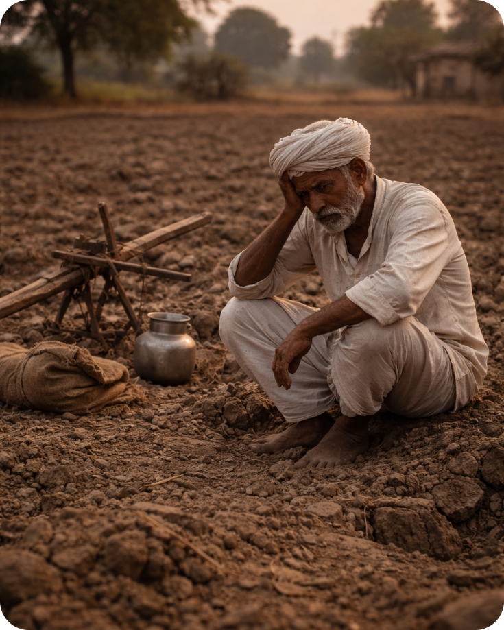 किसान खेत में अकेला परेशान बैठा हुआ