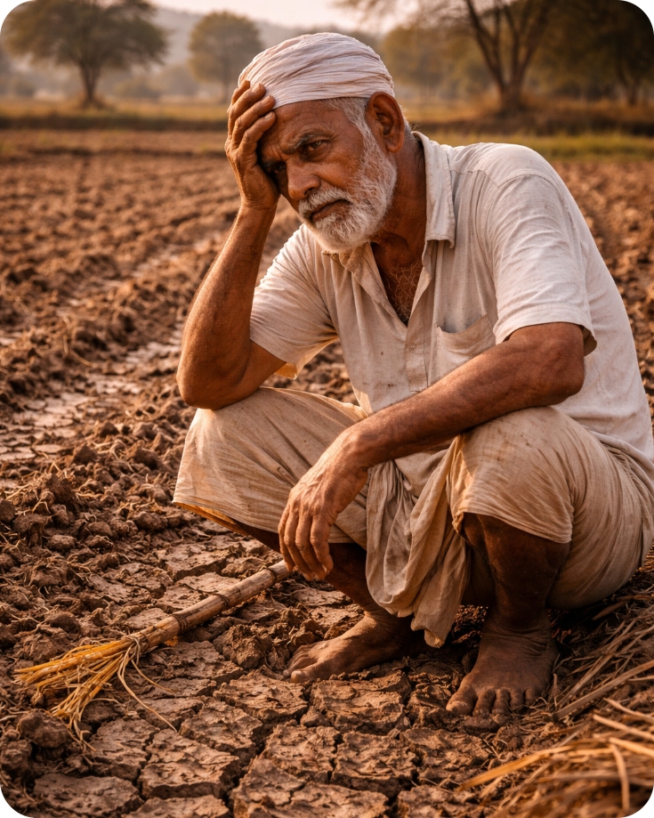 सूखे खेत में परेशान किसान