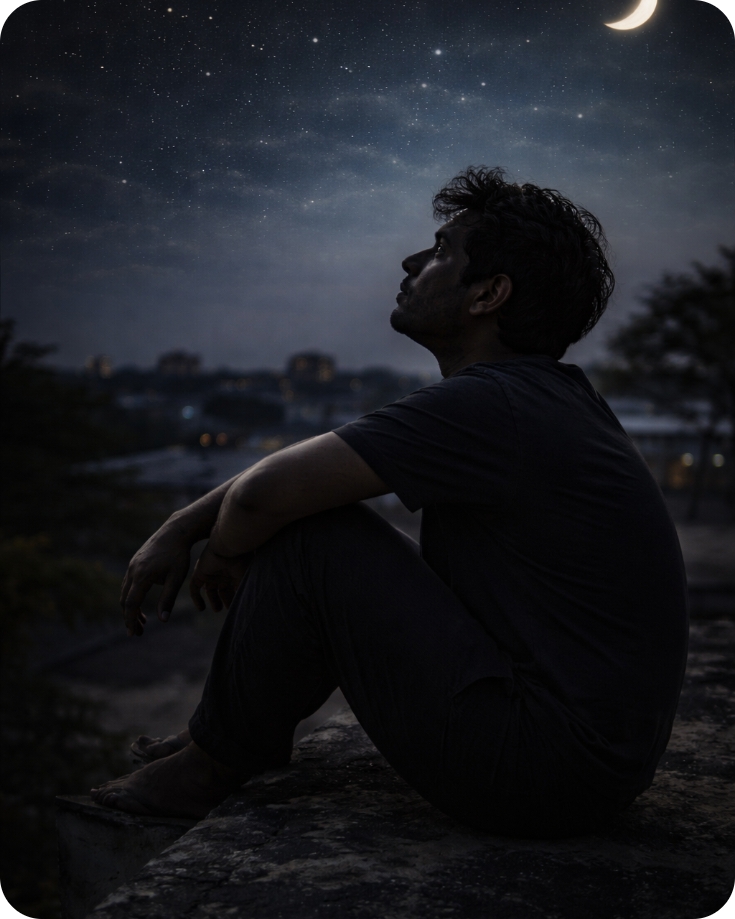 रात में अकेला बैठा लड़का सोचता हुआ