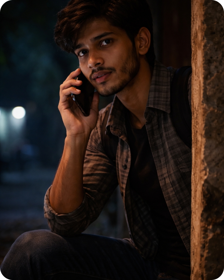 लड़का छुपकर फोन पर बात करता हुआ रात में