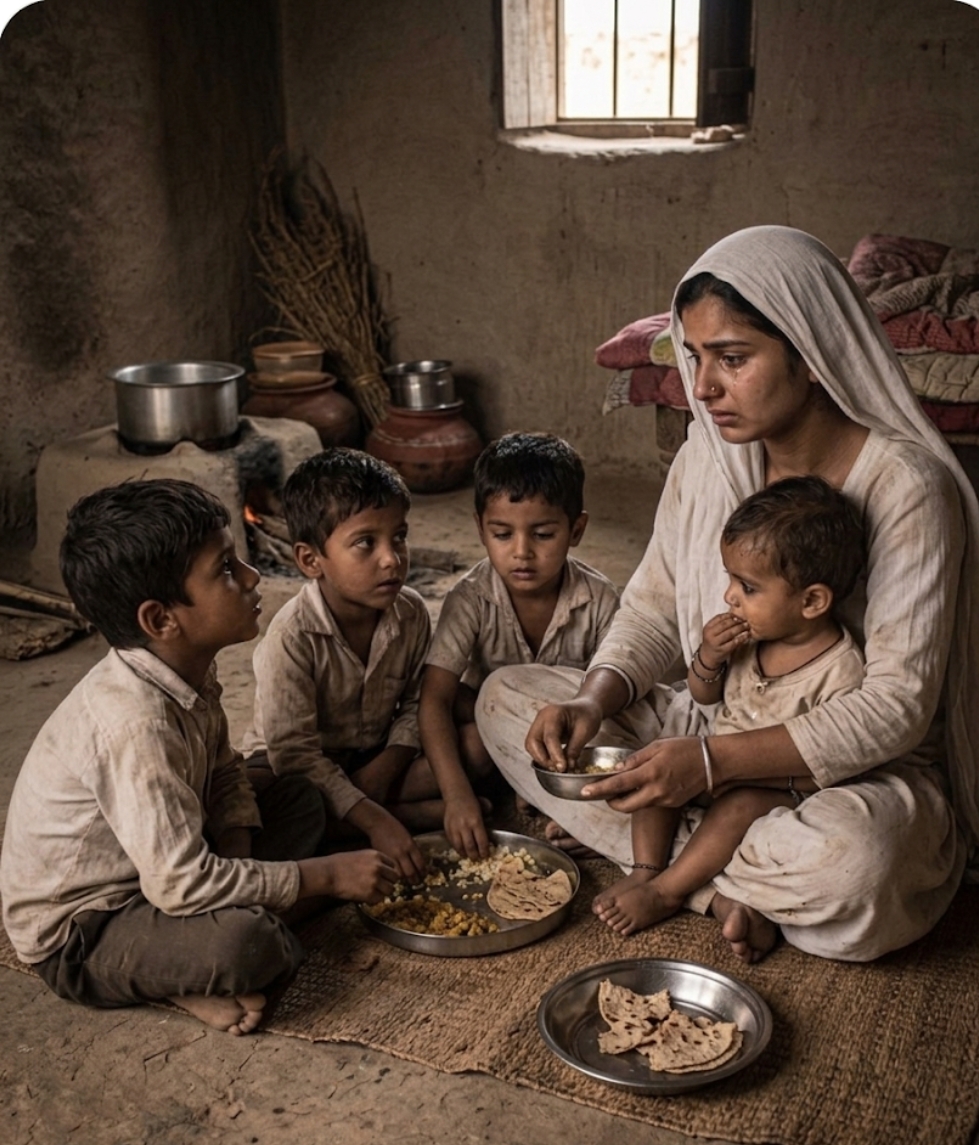 माँ बच्चों को खाना खिलाती हुई खुद भूखी