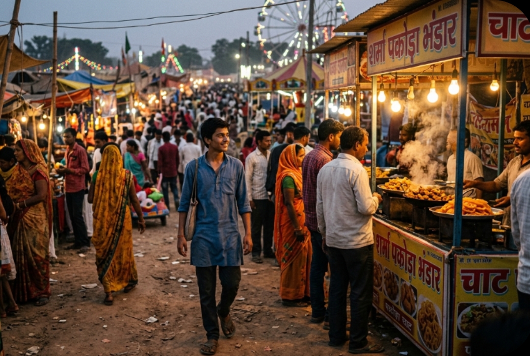 मेला का दृश्य, लड़का खुश होकर घूमता हुआ