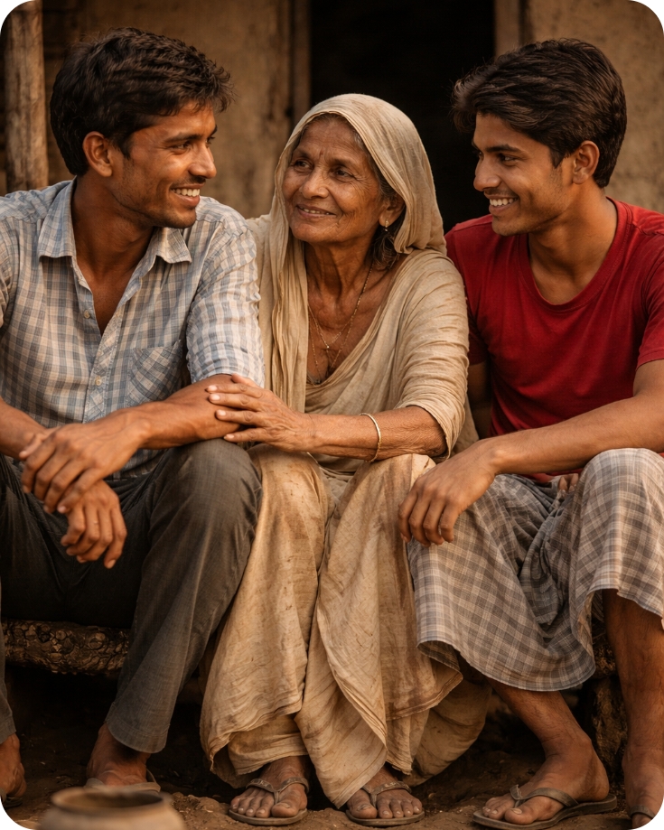 गांव में दो भाई और मां साथ बैठे हुए